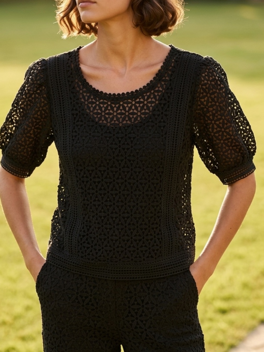 Ultra Pink Black Crochet Blouse